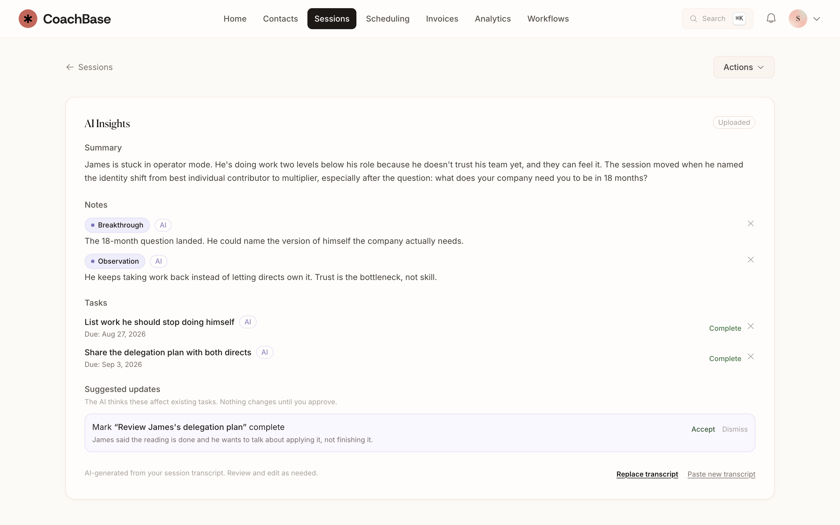 CoachBase AI insights for a completed session, with summary, notes, tasks, and a suggested update to review