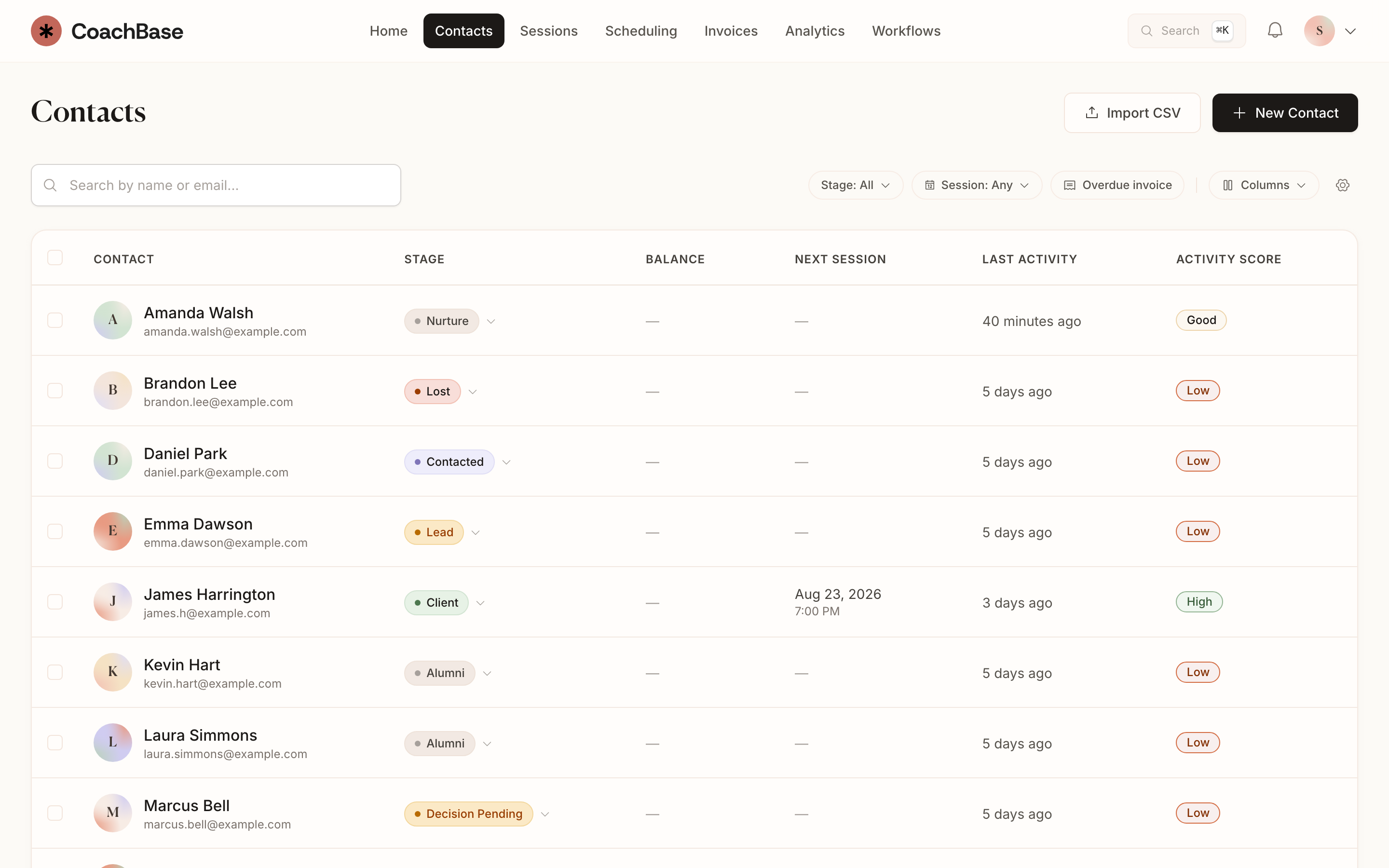 CoachBase contacts directory with client stages, upcoming sessions, and activity scores