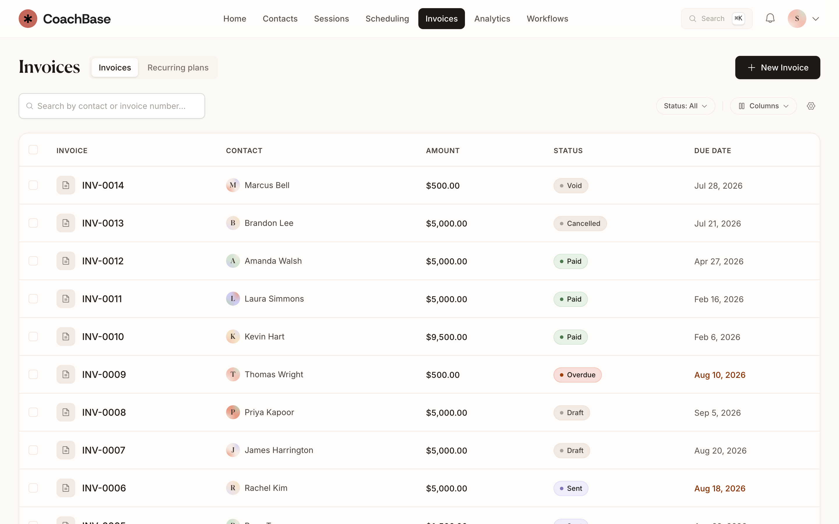 CoachBase invoices list showing paid, sent, draft, and overdue coaching invoices