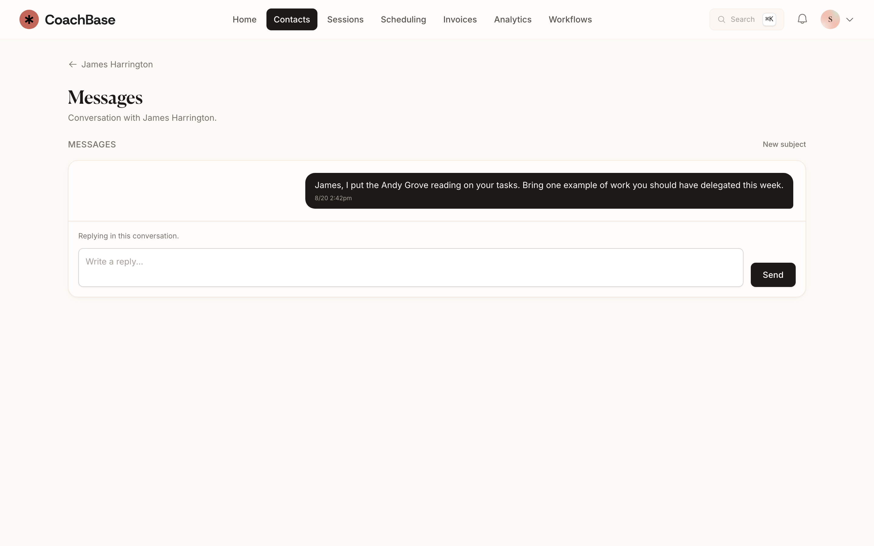 CoachBase messages with James Harrington, a conversation on the client record