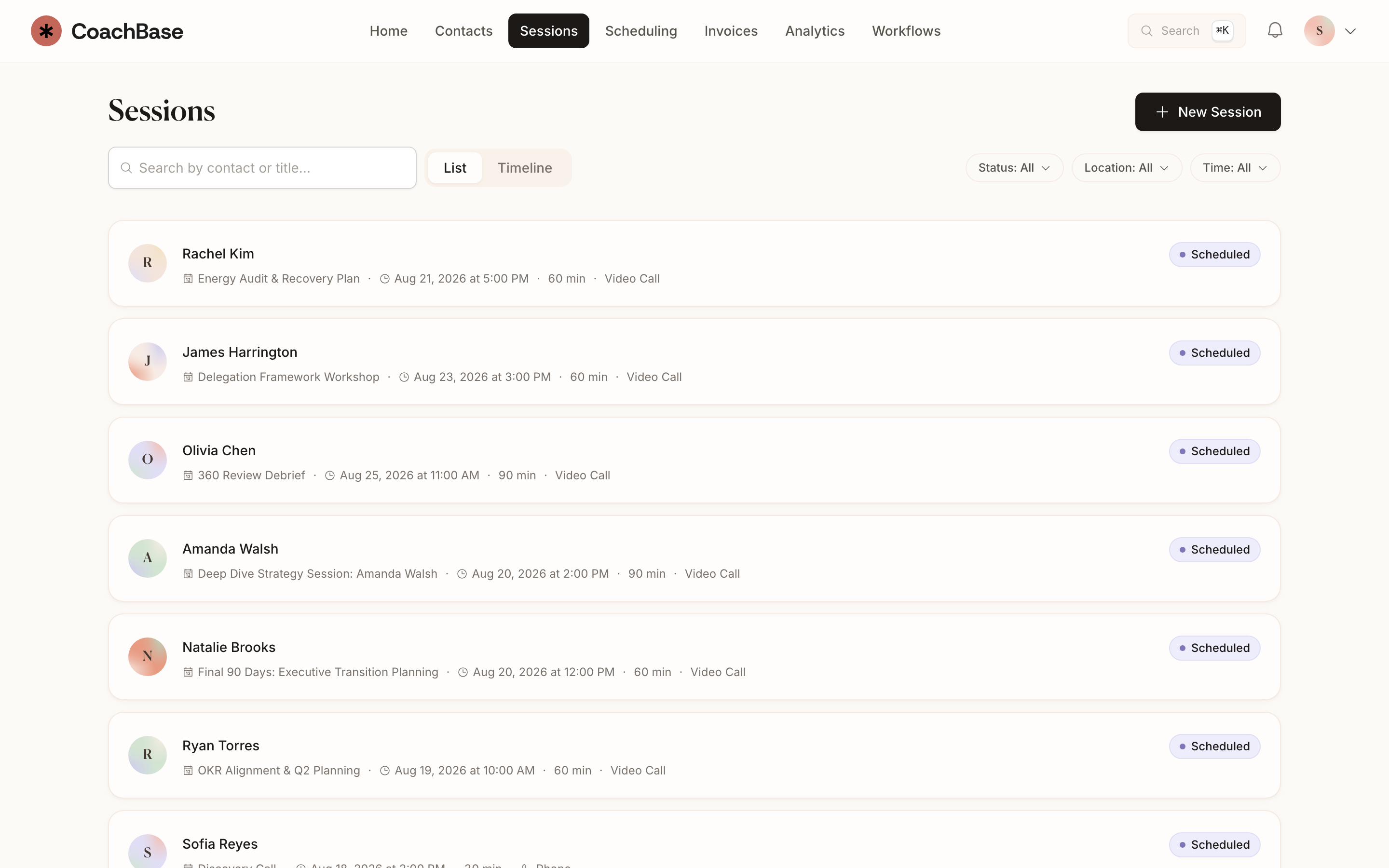 CoachBase sessions list with upcoming coaching sessions, times, and statuses