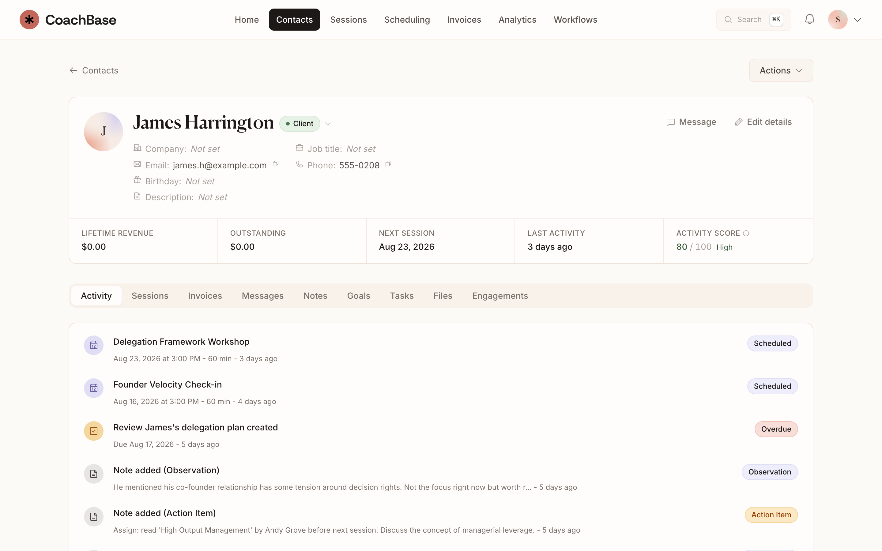 CoachBase contact timeline for James Harrington with sessions, notes, and tasks
