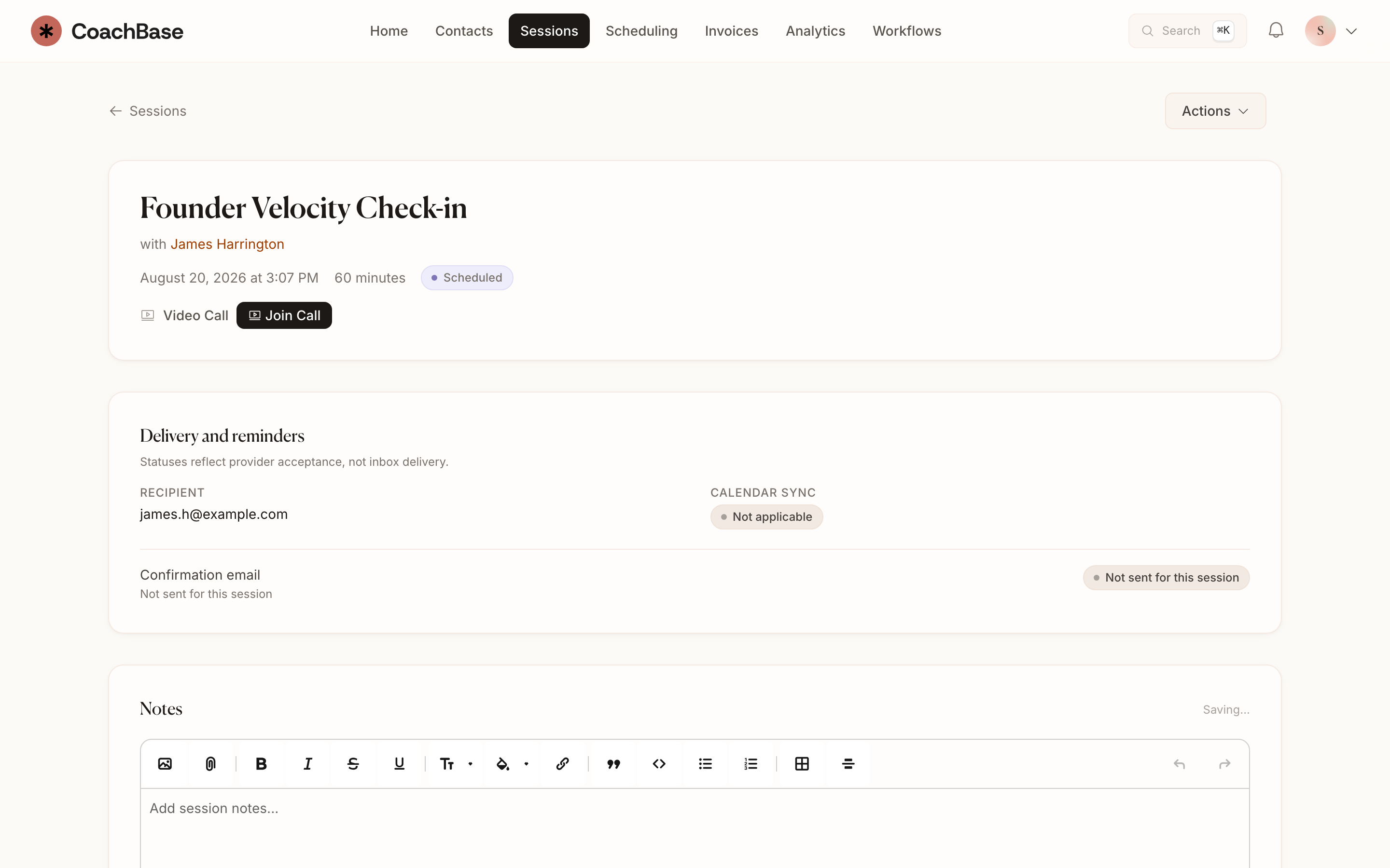 CoachBase session with native video call and a Join Call button on the client record