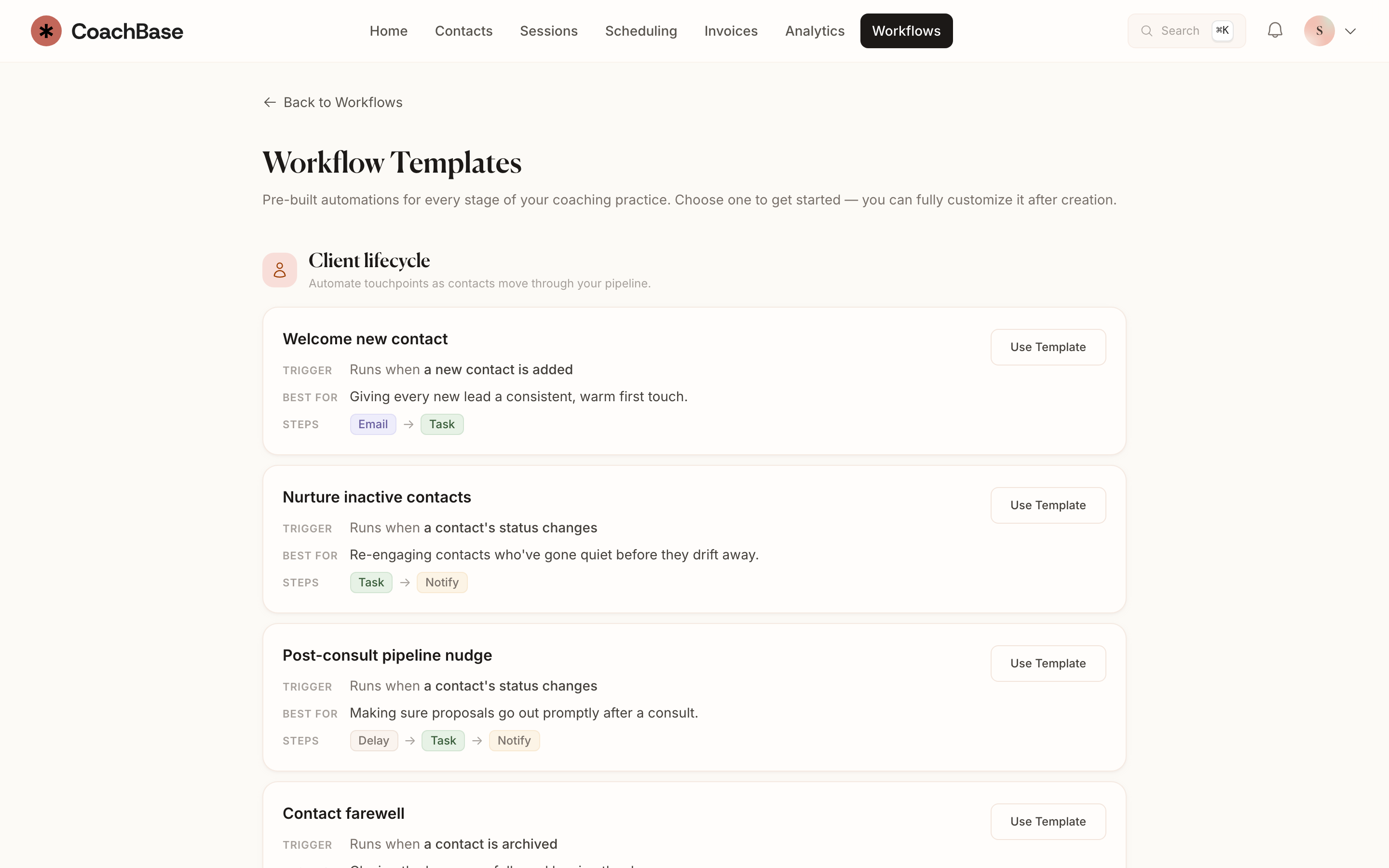 CoachBase workflow templates for welcome emails, inactive contacts, and session follow-ups