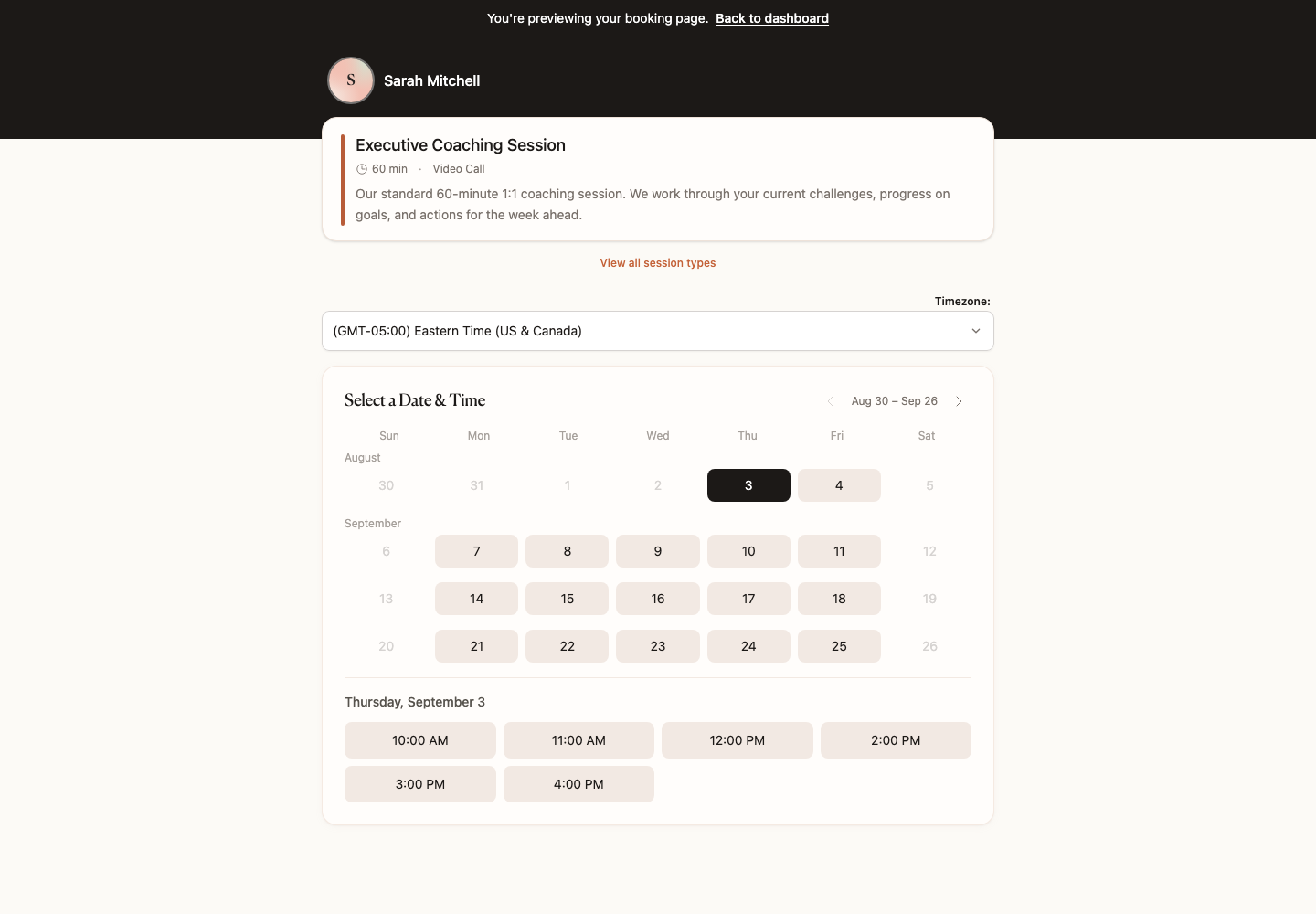 CoachBase booking page with a calendar and available appointment times