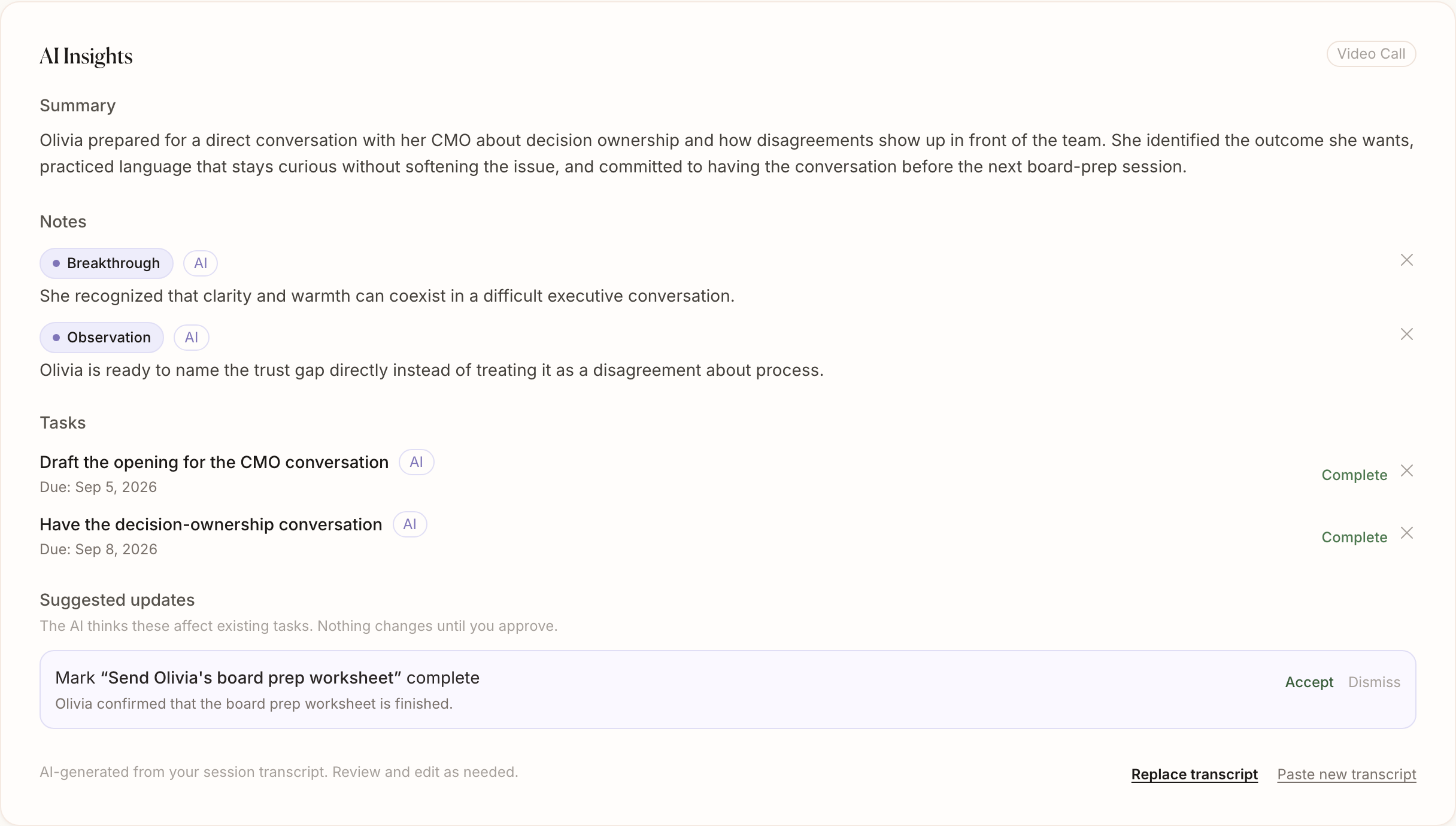 CoachBase AI session intelligence with a session summary, topics, action items, and editable notes