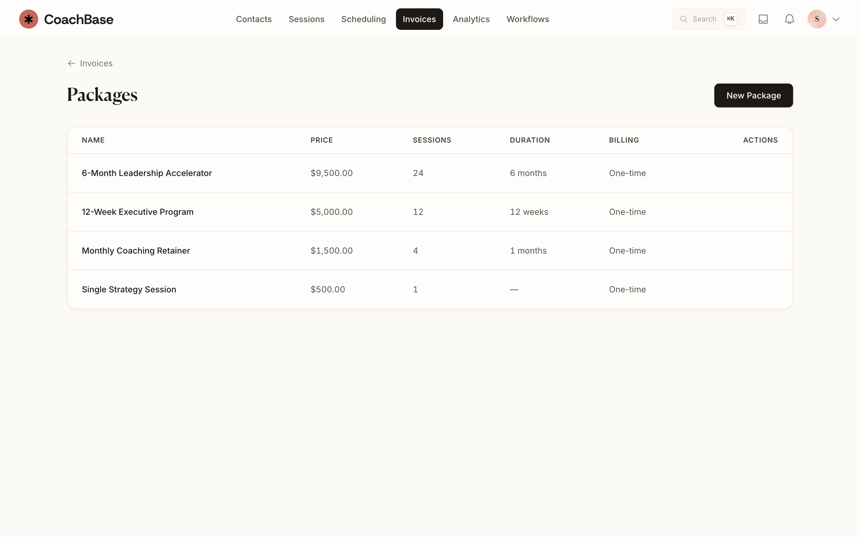CoachBase coaching packages showing prices, session counts, billing cadence, and active clients