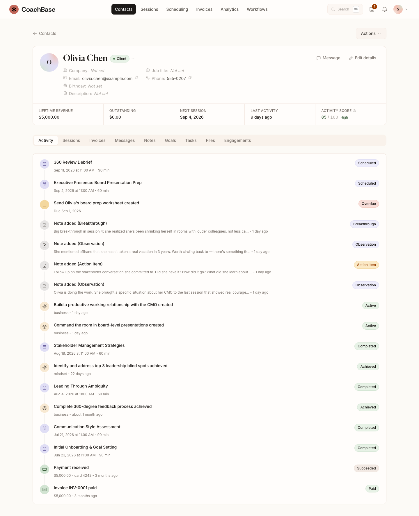 CoachBase client record with goals, sessions, forms, contact details, and private coaching notes