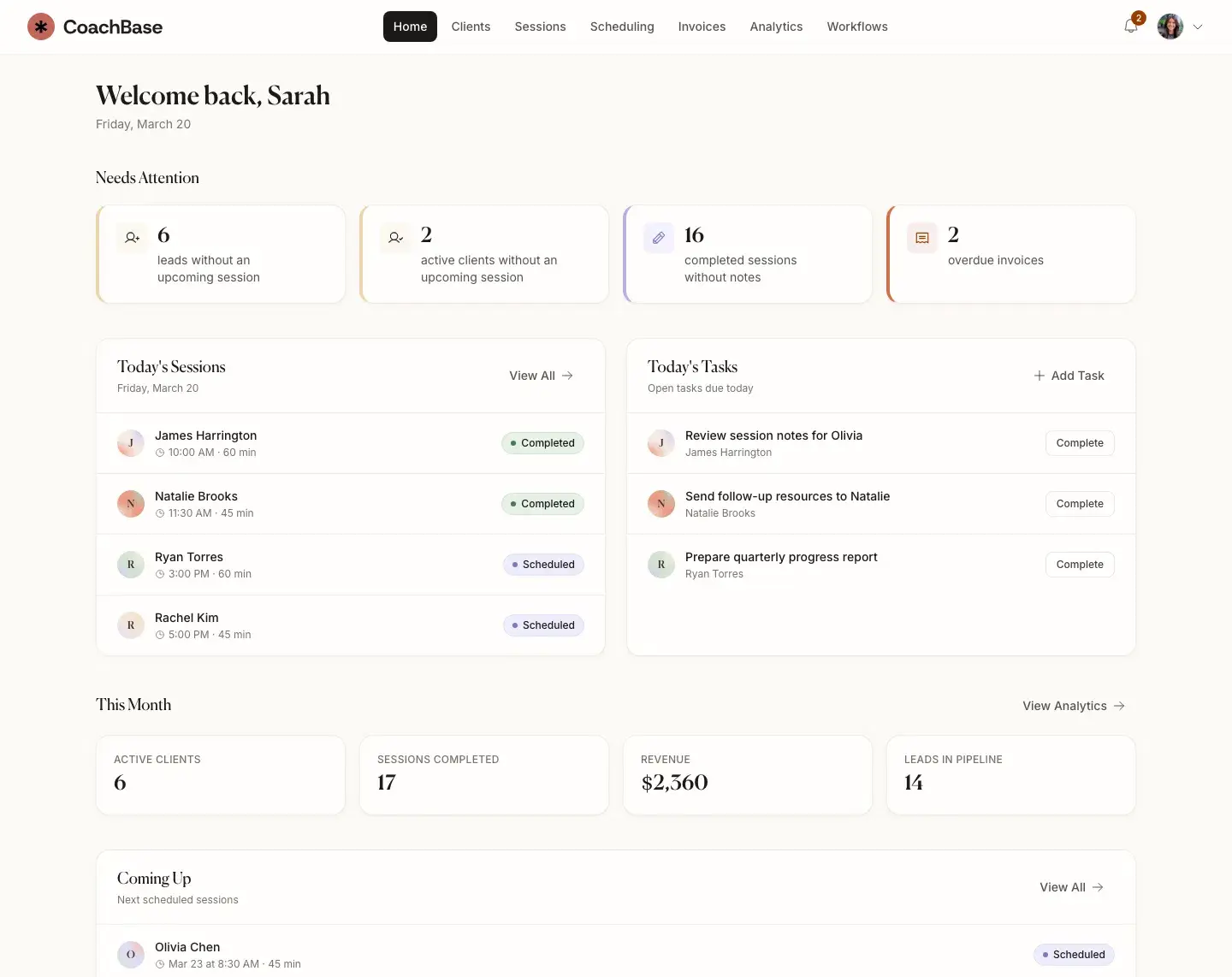 The CoachBase main dashboard showing a unified workspace