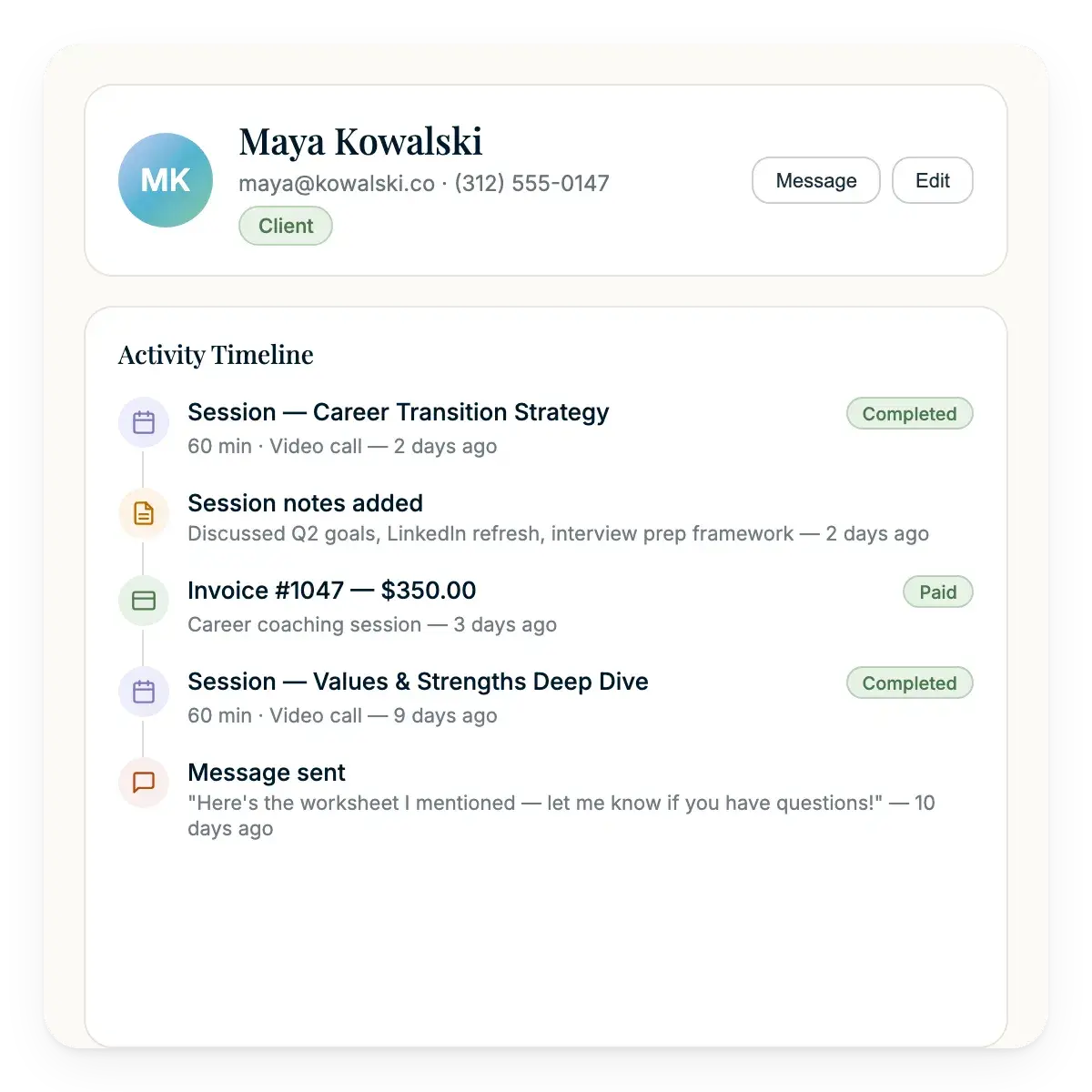 Centralized client profile dashboard with activity timeline
