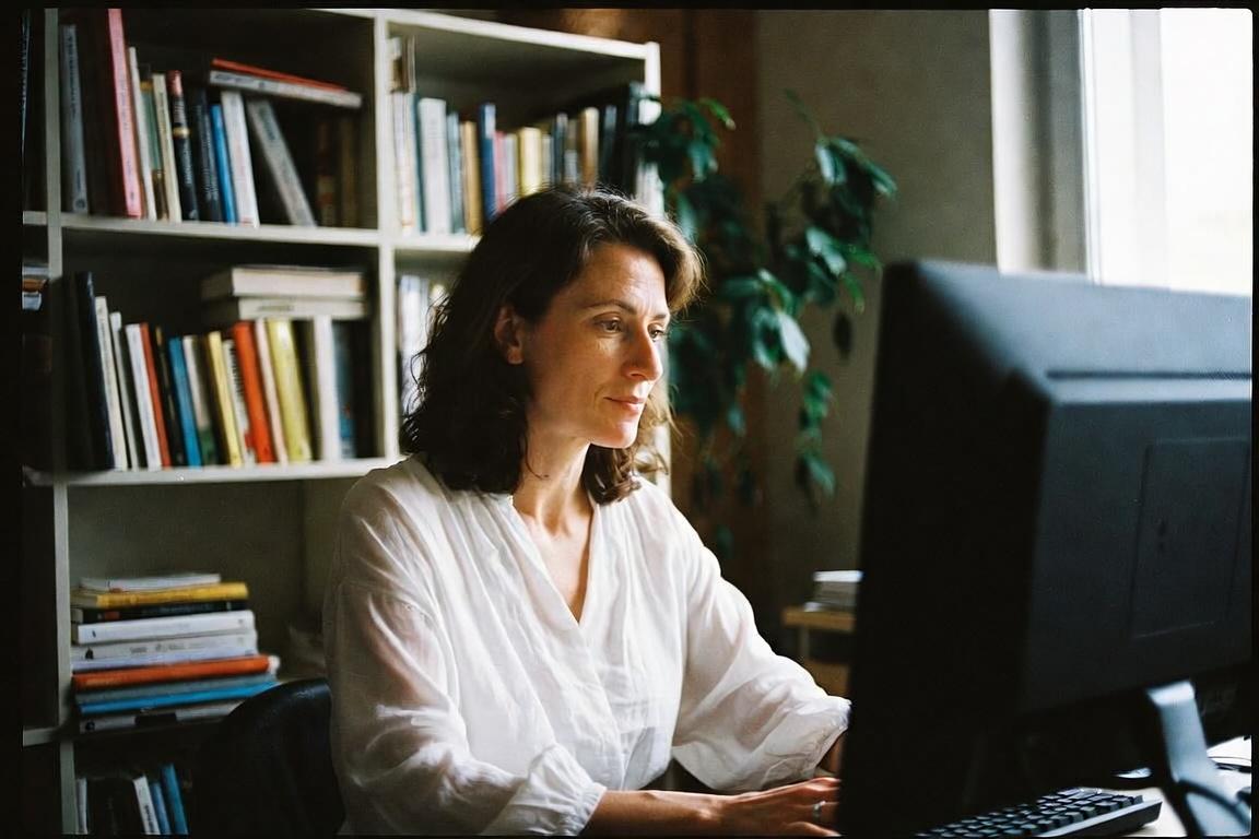 Independent consultant working at a desktop computer in a home office